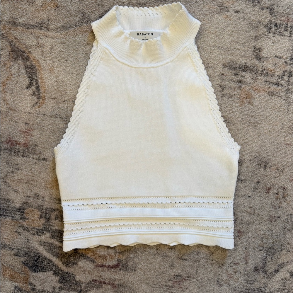Babaton Aritzia Cropped White Scalloped Knit Halter Top